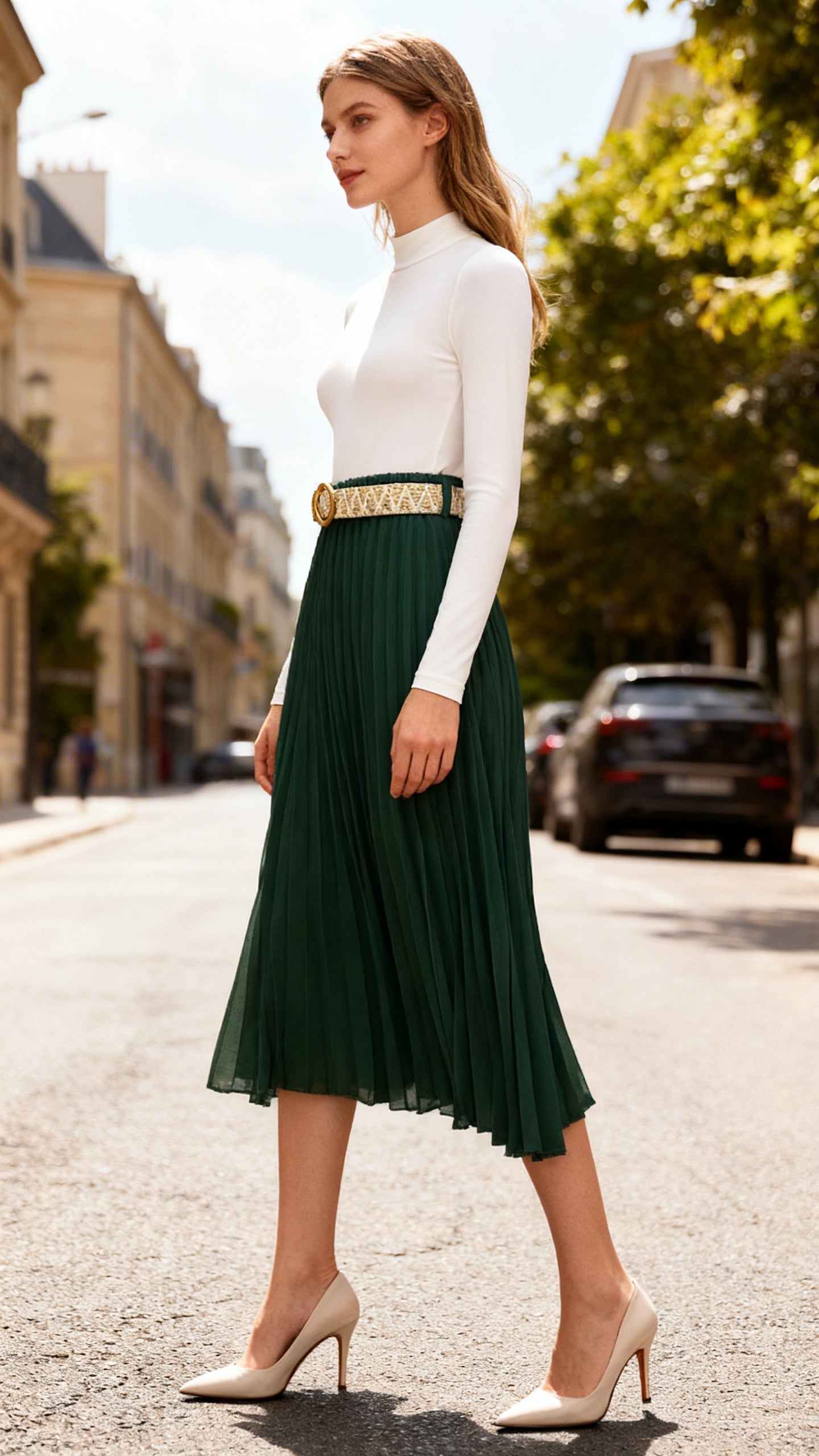 Jupe plissée fluide et ceinture Romy - Vert Bouteille