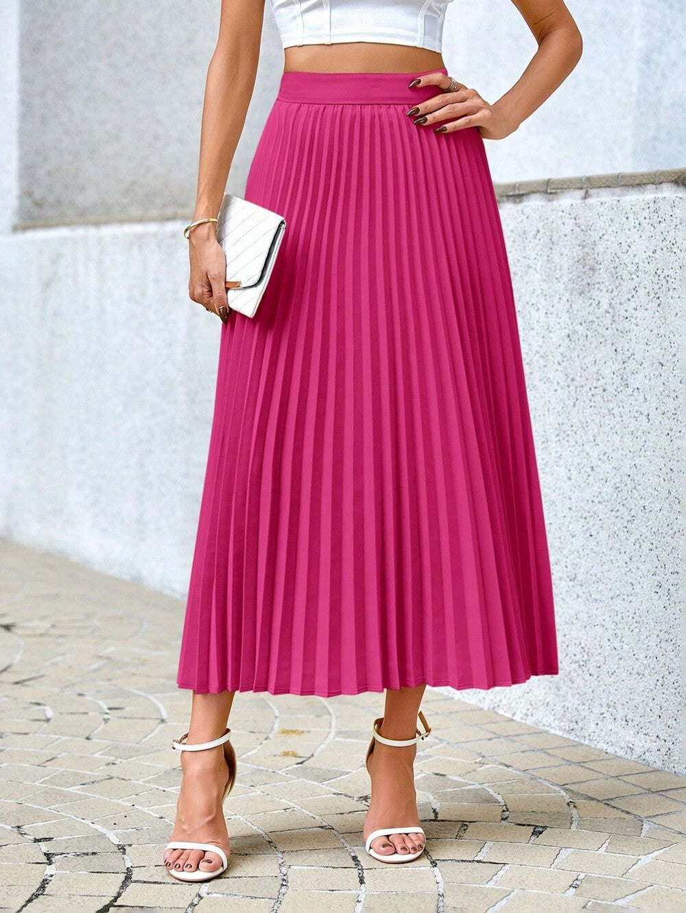 Jupe Giulia mi-longue plissée crêpée - Fuschia
