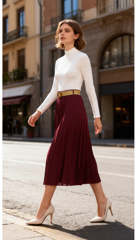 Jupe plissée fluide et ceinture Romy - Bordeaux